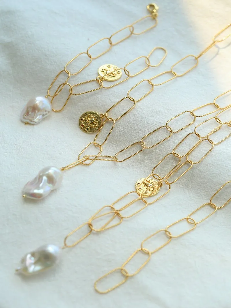 Metal Thick Chain Baroque Pearl Charm Bracelet