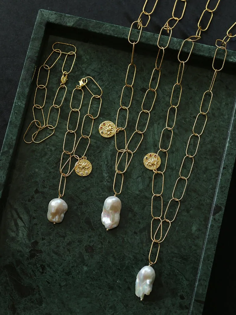 Metal Thick Chain Baroque Pearl Charm Bracelet