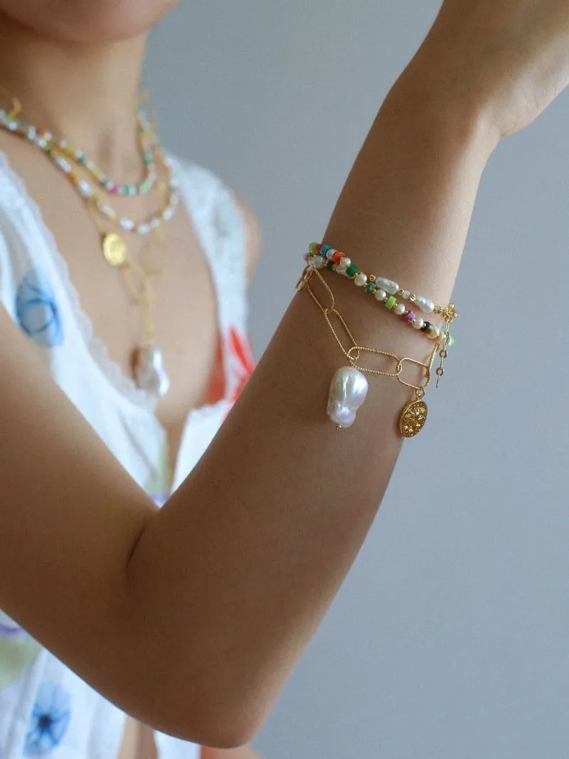 Metal Thick Chain Baroque Pearl Charm Bracelet