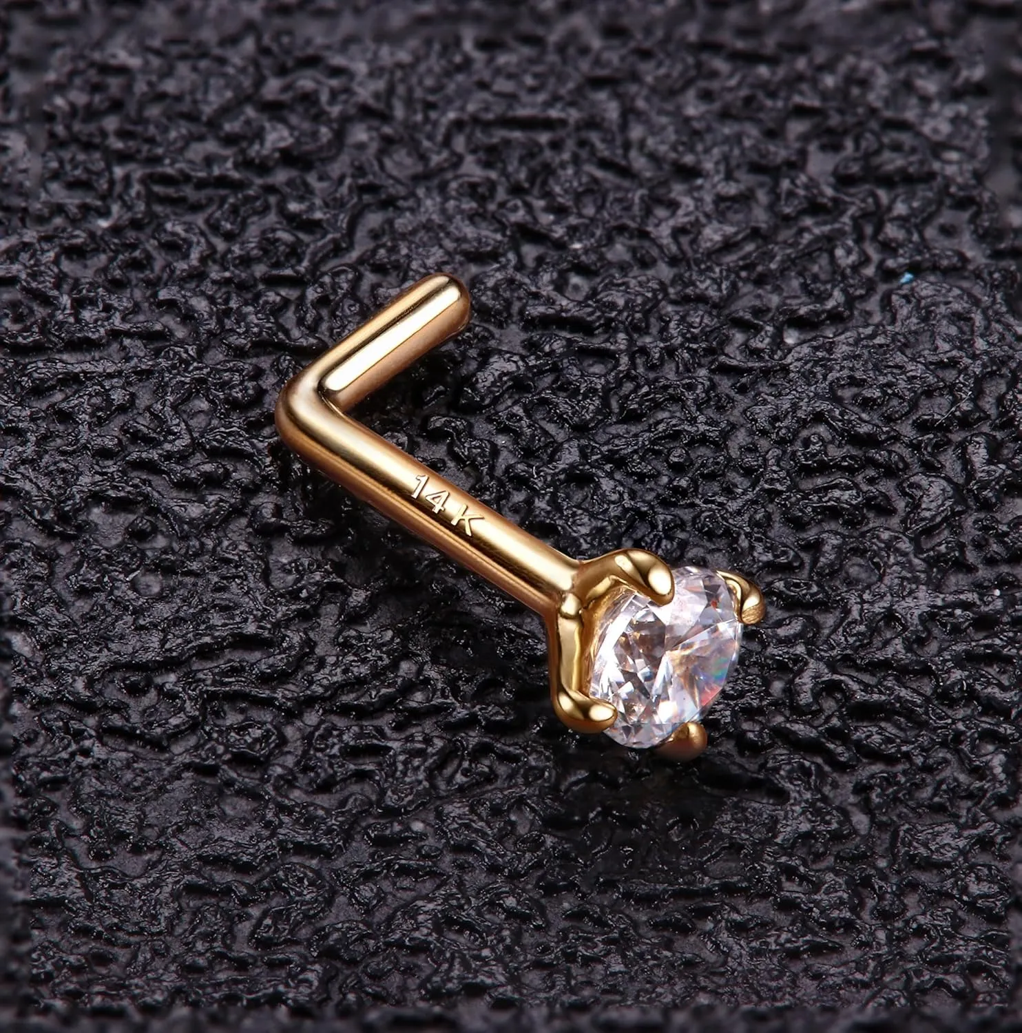 MILACOLATO 14K Real Gold Nose Rings Studs 20G 18G 14K Solid Gold L Shaped Nose Rings 1.5mm 2mm 3mm Clear Simulated Diamond CZ Nose Studs Hypoallergenic Nose Piercing Jewelry for Women Men