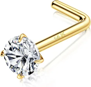 MILACOLATO 14K Real Gold Nose Rings Studs 20G 18G 14K Solid Gold L Shaped Nose Rings 1.5mm 2mm 3mm Clear Simulated Diamond CZ Nose Studs Hypoallergenic Nose Piercing Jewelry for Women Men