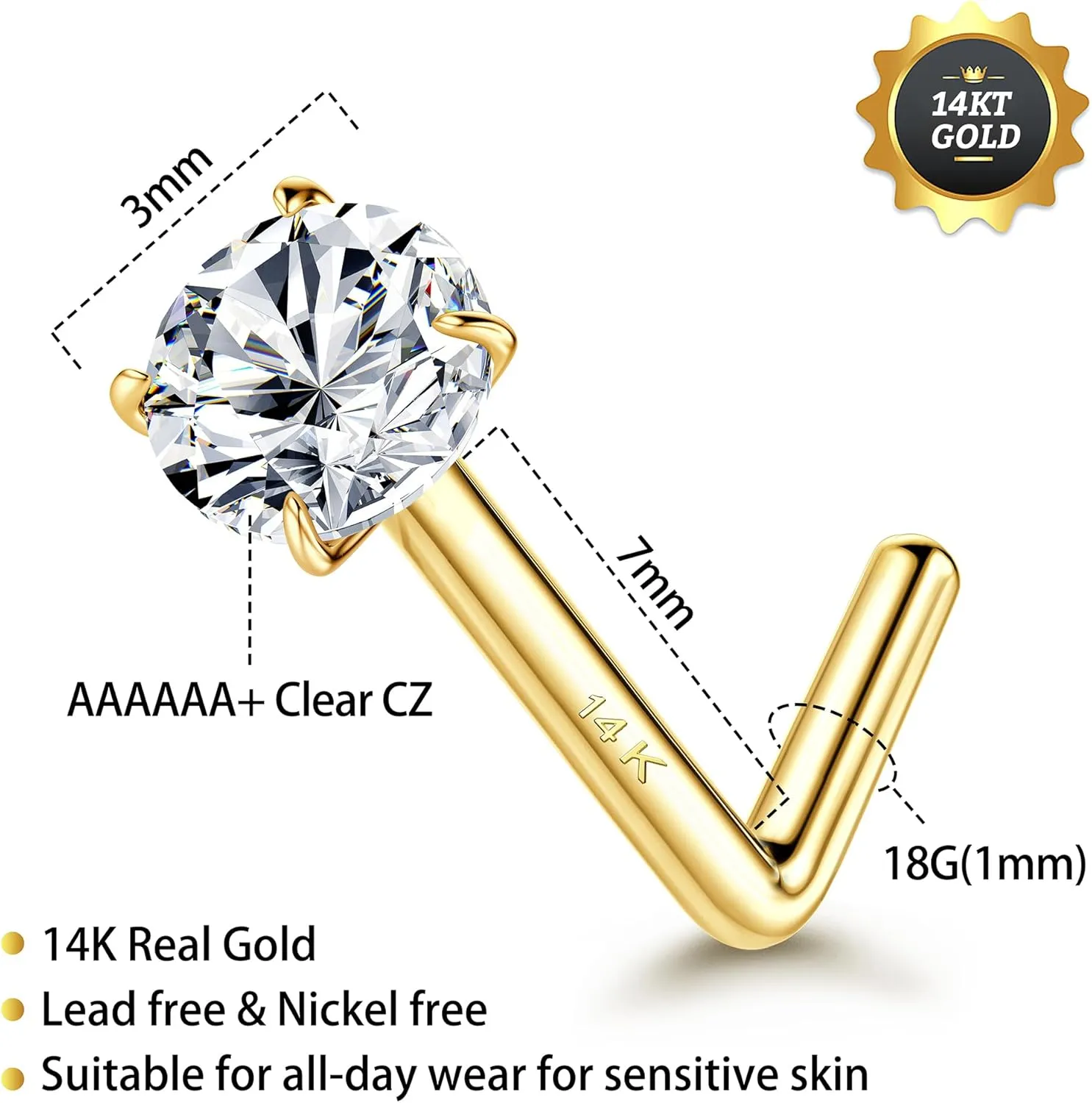 MILACOLATO 14K Real Gold Nose Rings Studs 20G 18G 14K Solid Gold L Shaped Nose Rings 1.5mm 2mm 3mm Clear Simulated Diamond CZ Nose Studs Hypoallergenic Nose Piercing Jewelry for Women Men