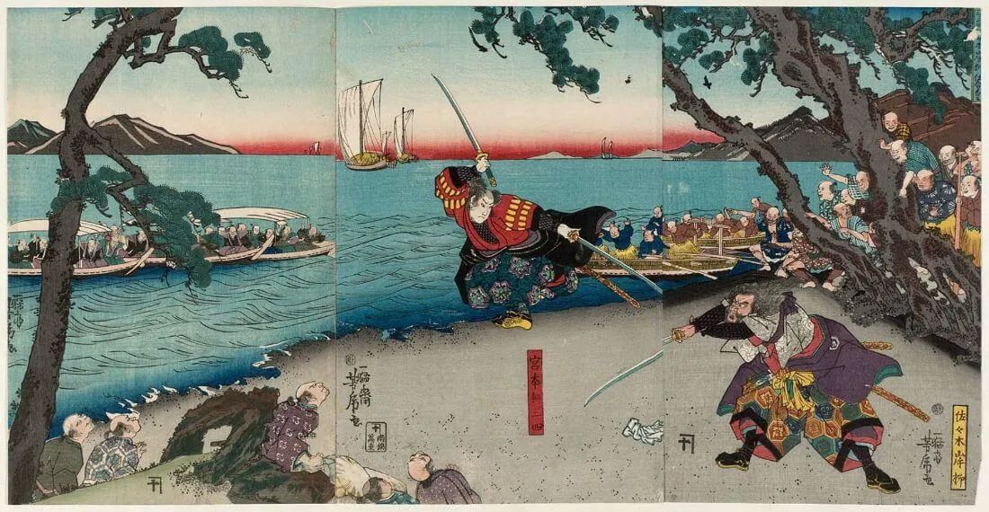 Miyamoto Musashi Fights Sasaki Ganryû - Utagawa Yoshitora