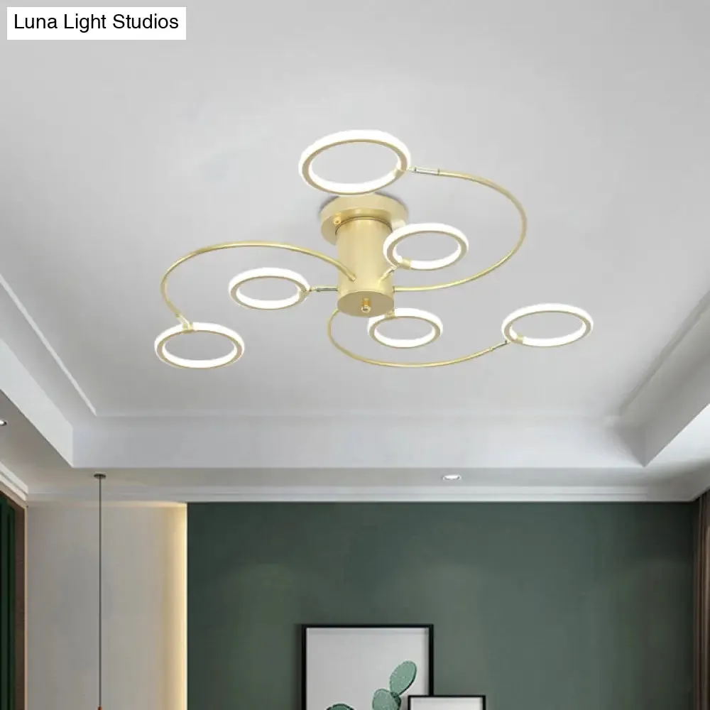Modern Black/Gold Swirl Semi Flush Mount LED Ceiling Fixture with Rings - Bedroom Lighting