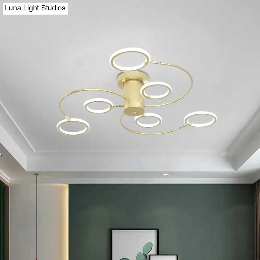 Modern Black/Gold Swirl Semi Flush Mount LED Ceiling Fixture with Rings - Bedroom Lighting