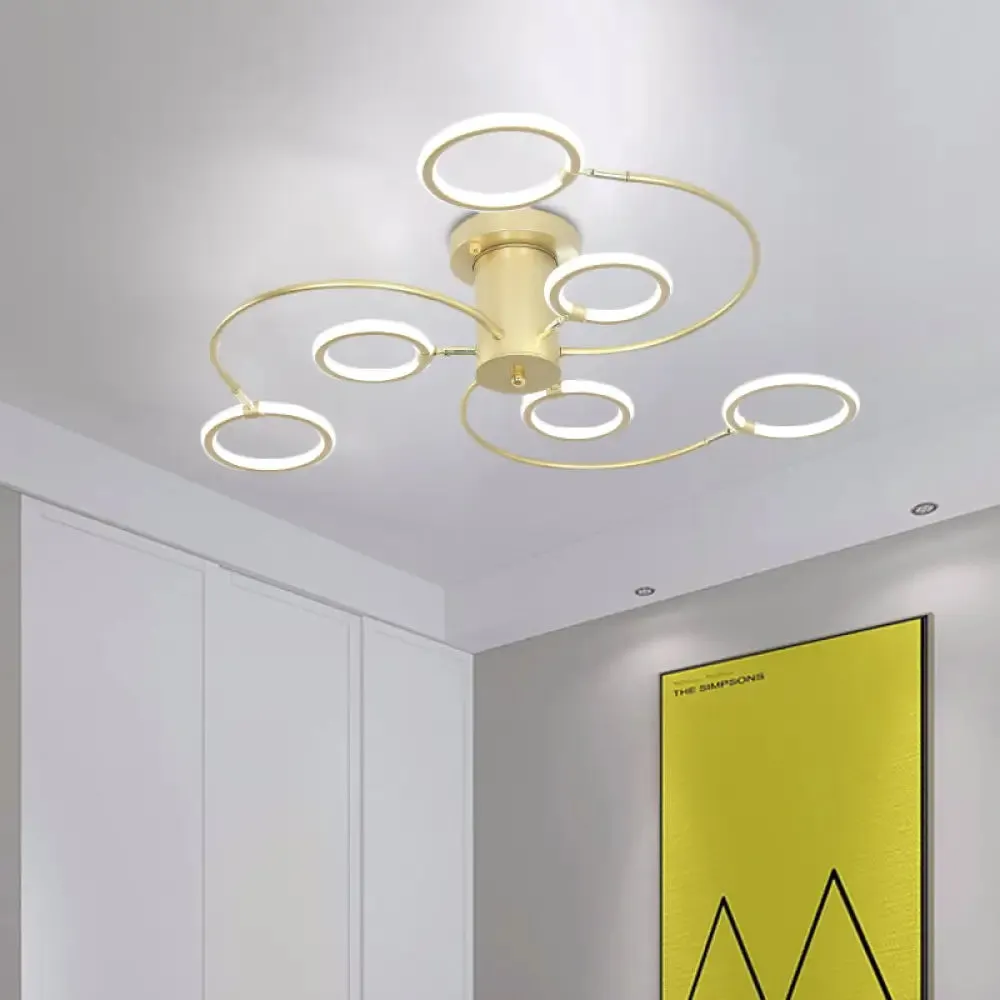 Modern Black/Gold Swirl Semi Flush Mount LED Ceiling Fixture with Rings - Bedroom Lighting