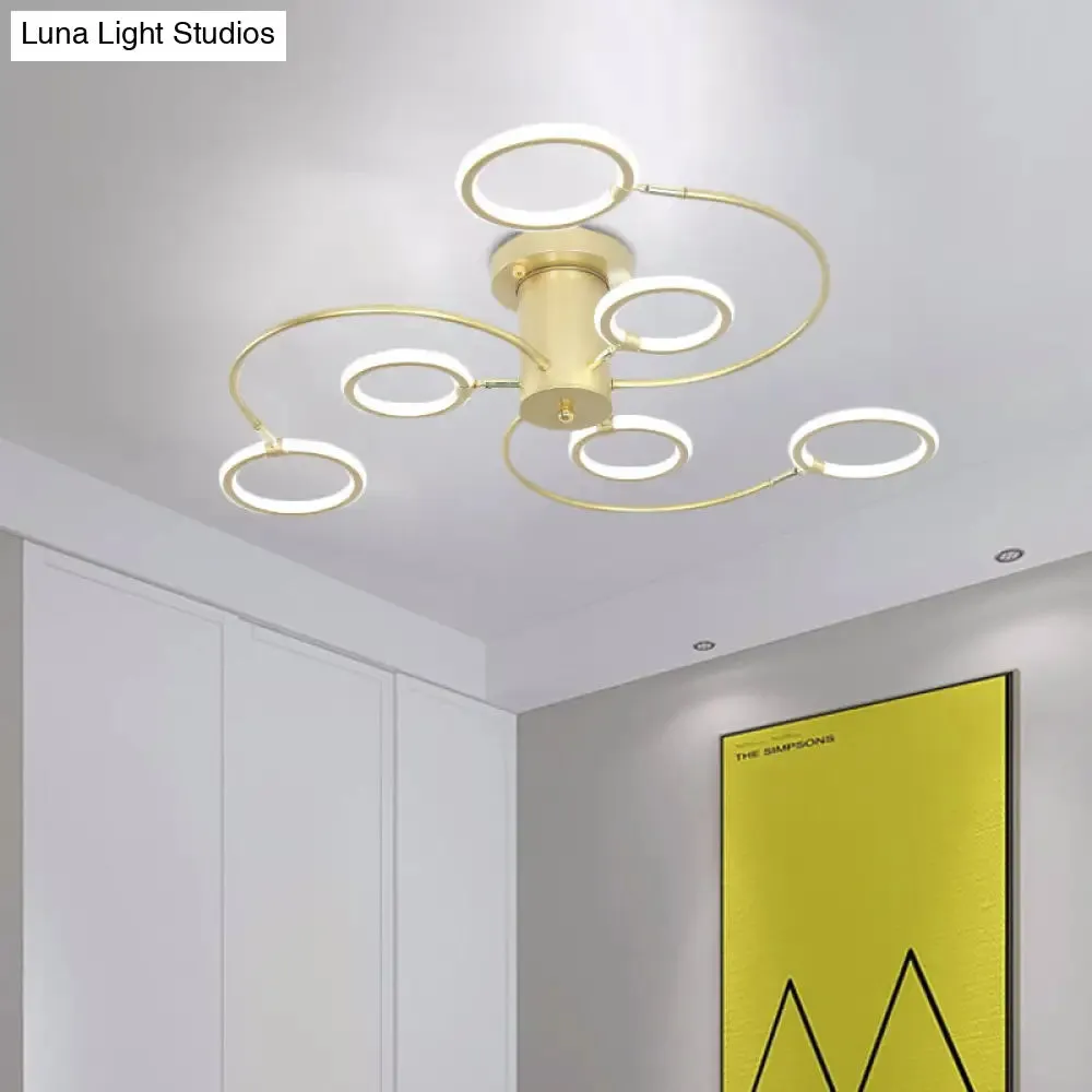 Modern Black/Gold Swirl Semi Flush Mount LED Ceiling Fixture with Rings - Bedroom Lighting