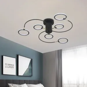 Modern Black/Gold Swirl Semi Flush Mount LED Ceiling Fixture with Rings - Bedroom Lighting