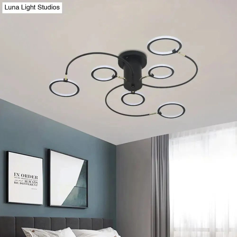Modern Black/Gold Swirl Semi Flush Mount LED Ceiling Fixture with Rings - Bedroom Lighting