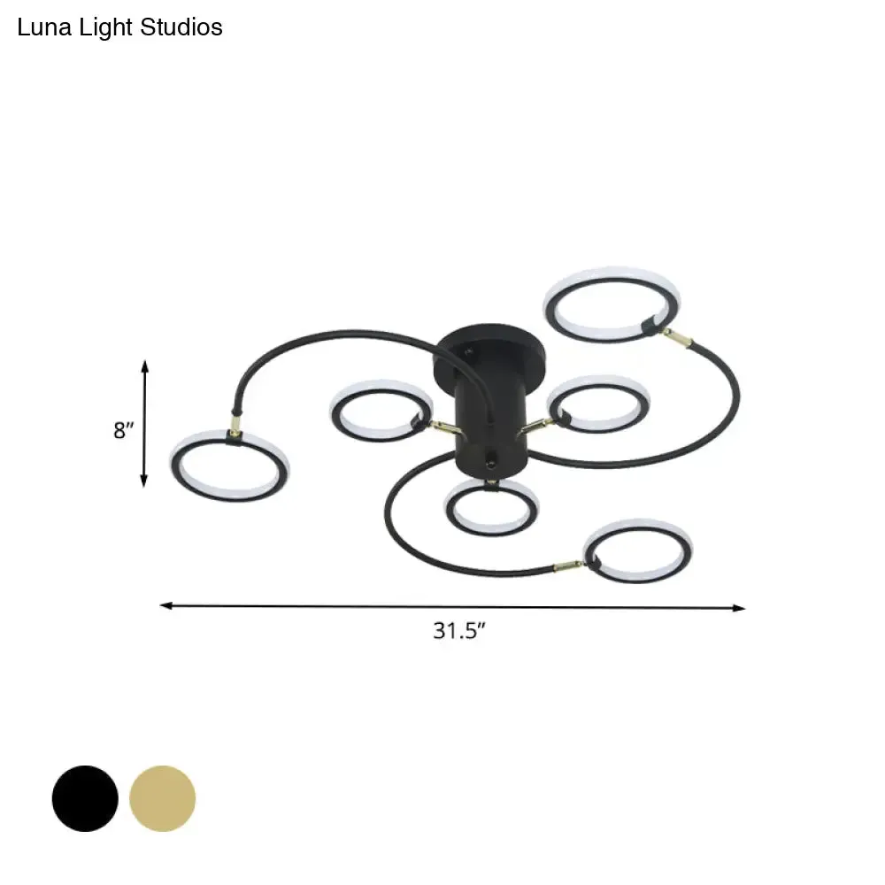 Modern Black/Gold Swirl Semi Flush Mount LED Ceiling Fixture with Rings - Bedroom Lighting