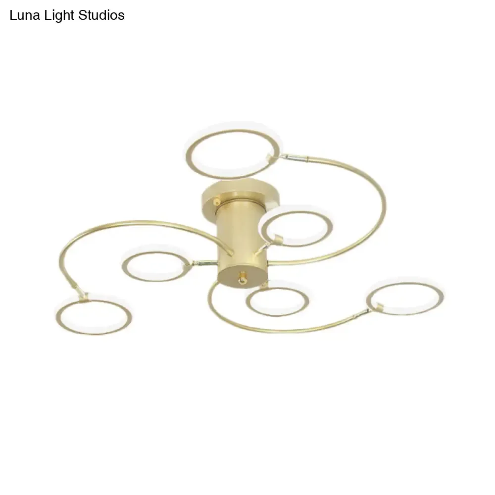 Modern Black/Gold Swirl Semi Flush Mount LED Ceiling Fixture with Rings - Bedroom Lighting