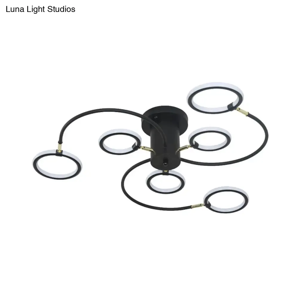 Modern Black/Gold Swirl Semi Flush Mount LED Ceiling Fixture with Rings - Bedroom Lighting