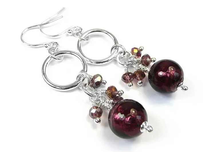 Murano Glass Cluster Ring Earrings - Burgundy