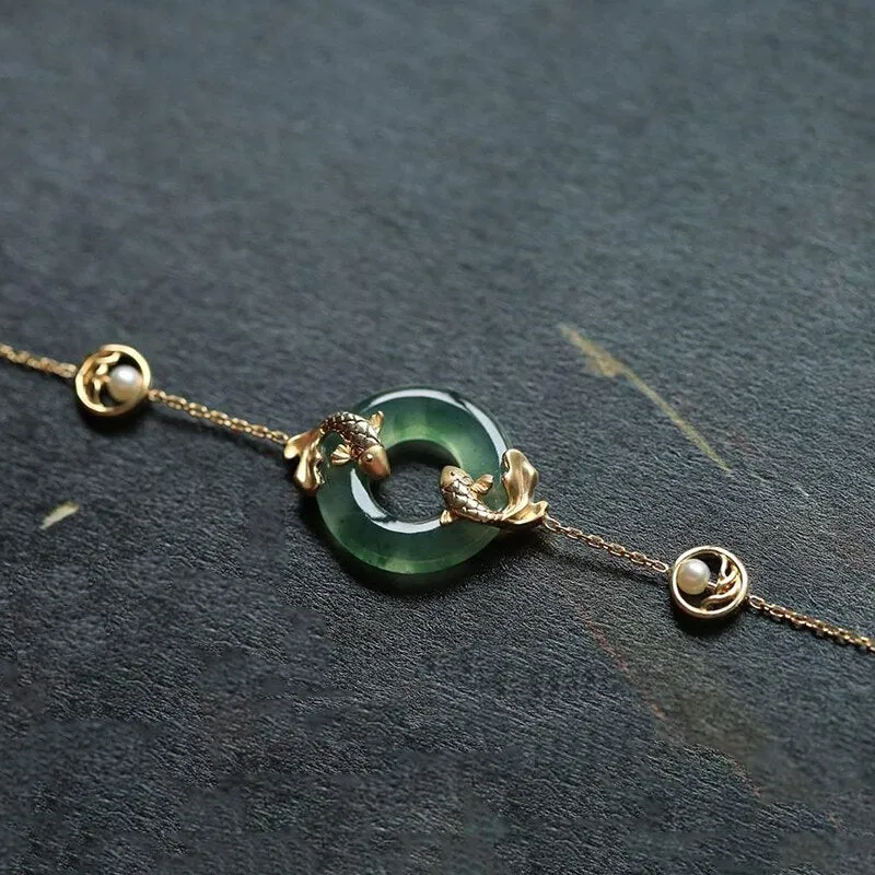 Natural Hetian Chalcedony Round Carp Pearl Ladies Bracelet