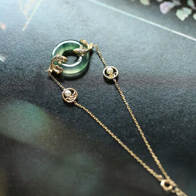 Natural Hetian Chalcedony Round Carp Pearl Ladies Bracelet