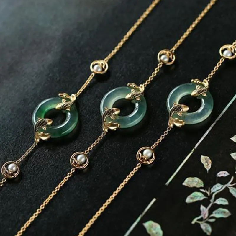 Natural Hetian Chalcedony Round Carp Pearl Ladies Bracelet
