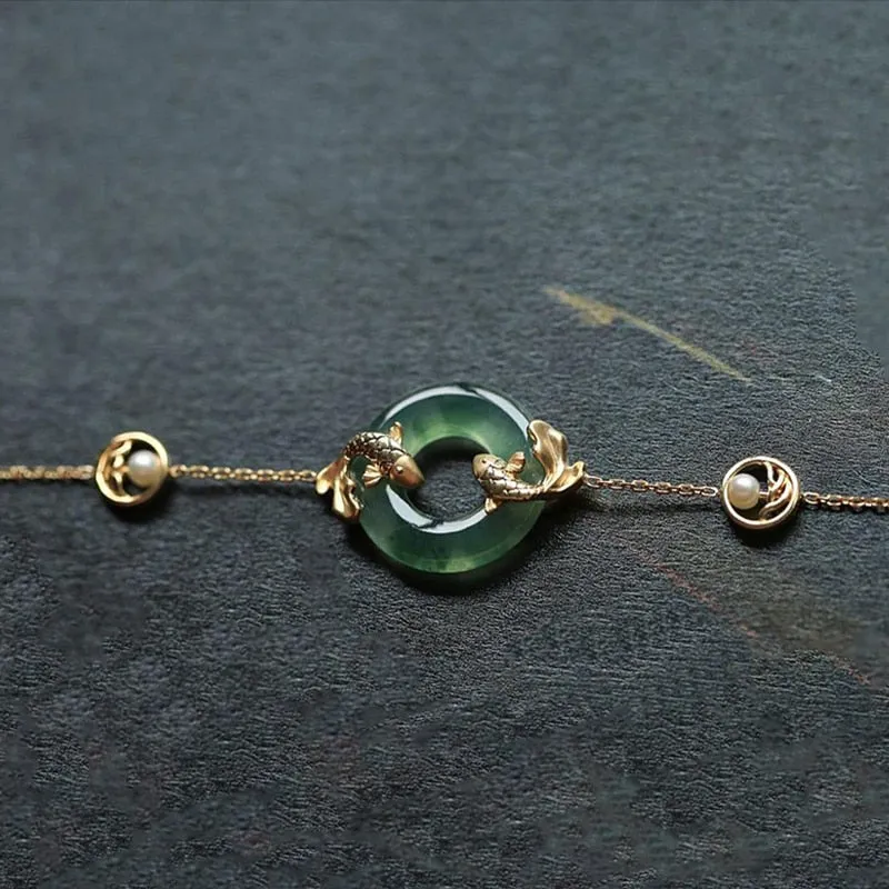 Natural Hetian Chalcedony Round Carp Pearl Ladies Bracelet