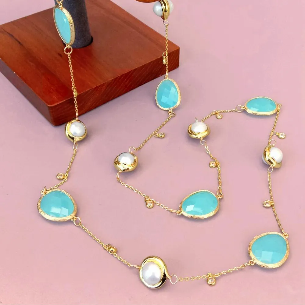 NS 35 Inch Freshwater Cultured Pearl Cyan Crystals Bezel Set 18K Gold plated Chain Necklace for Women