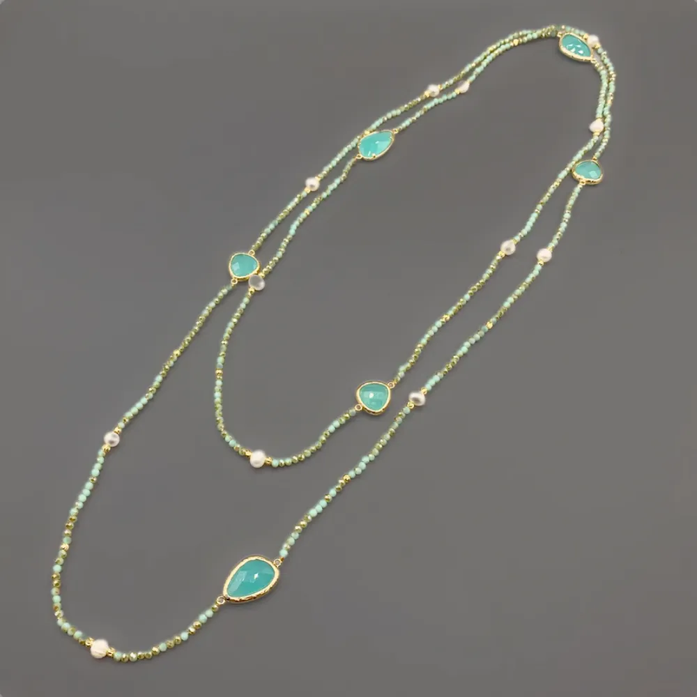 NS 50 Inch Natural Pearl Aqua Quarts and Gold Filled Beads 14K Gold Plated Chain Necklace for Women