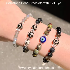 NX Gemstone Bead Bracelets with Evil Eye ~ Black Agate, Dragon Stone, Hematite, Labradorite