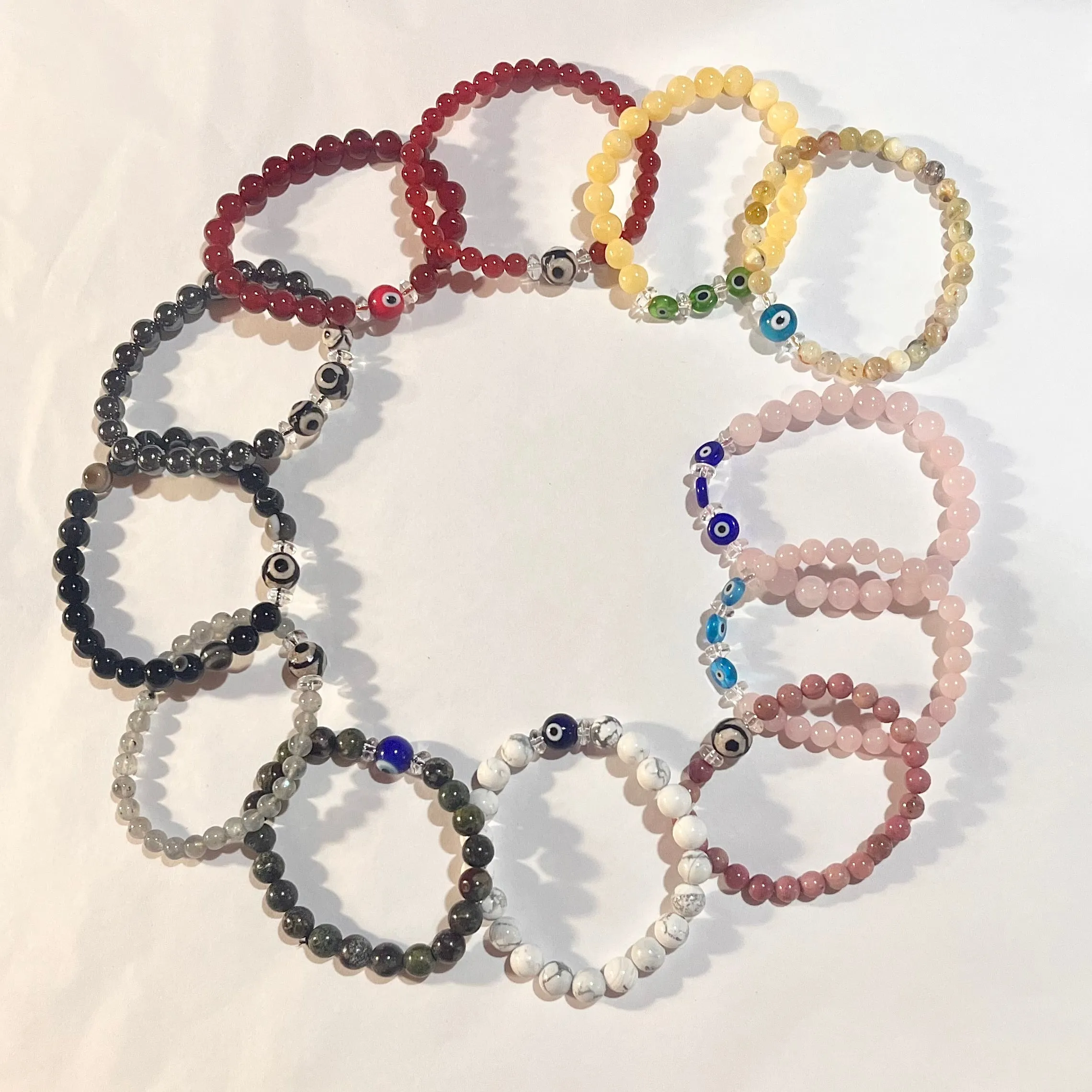 NX Gemstone Bead Bracelets with Evil Eye ~ Black Agate, Dragon Stone, Hematite, Labradorite