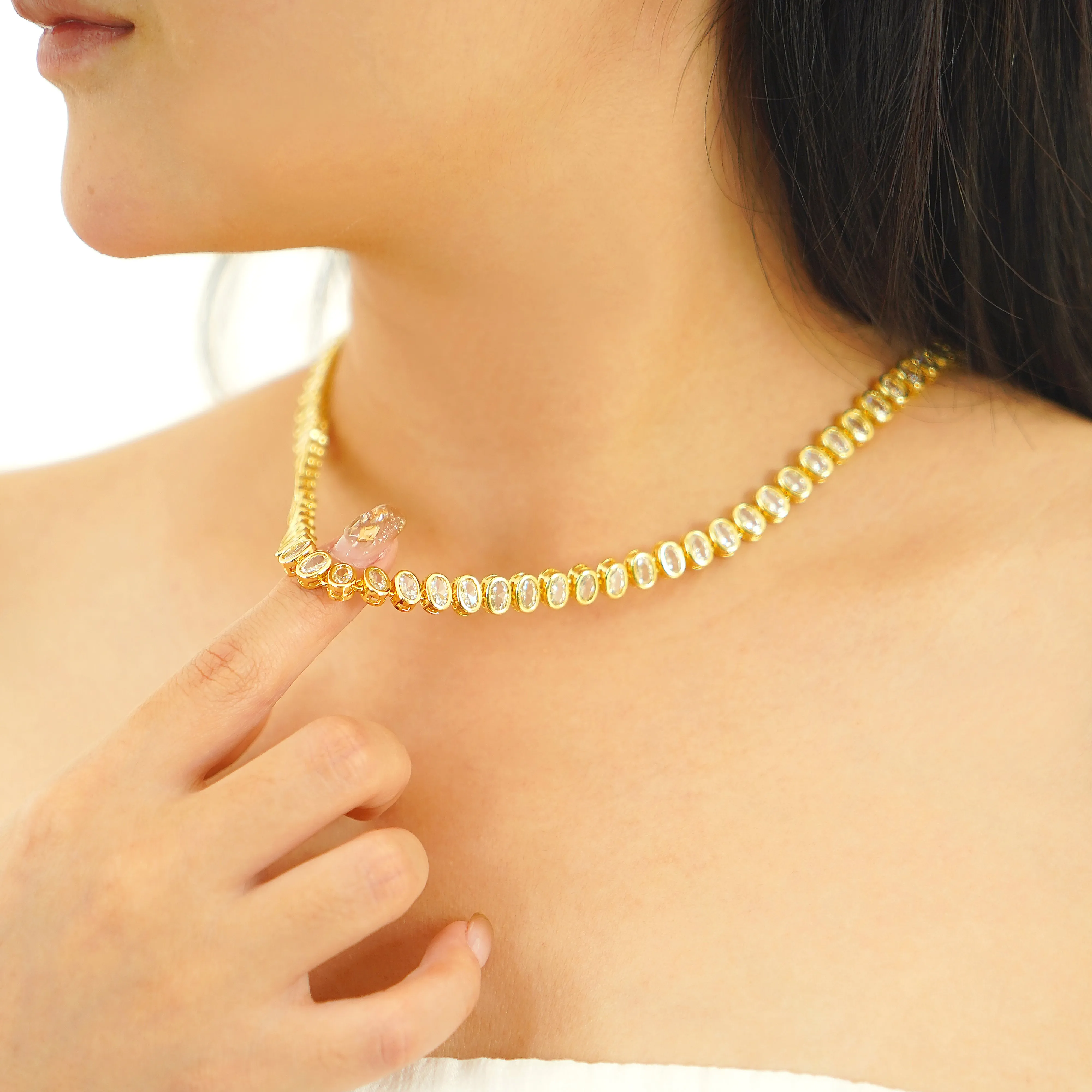 Oval Cut Tennis Necklace- Gold plated