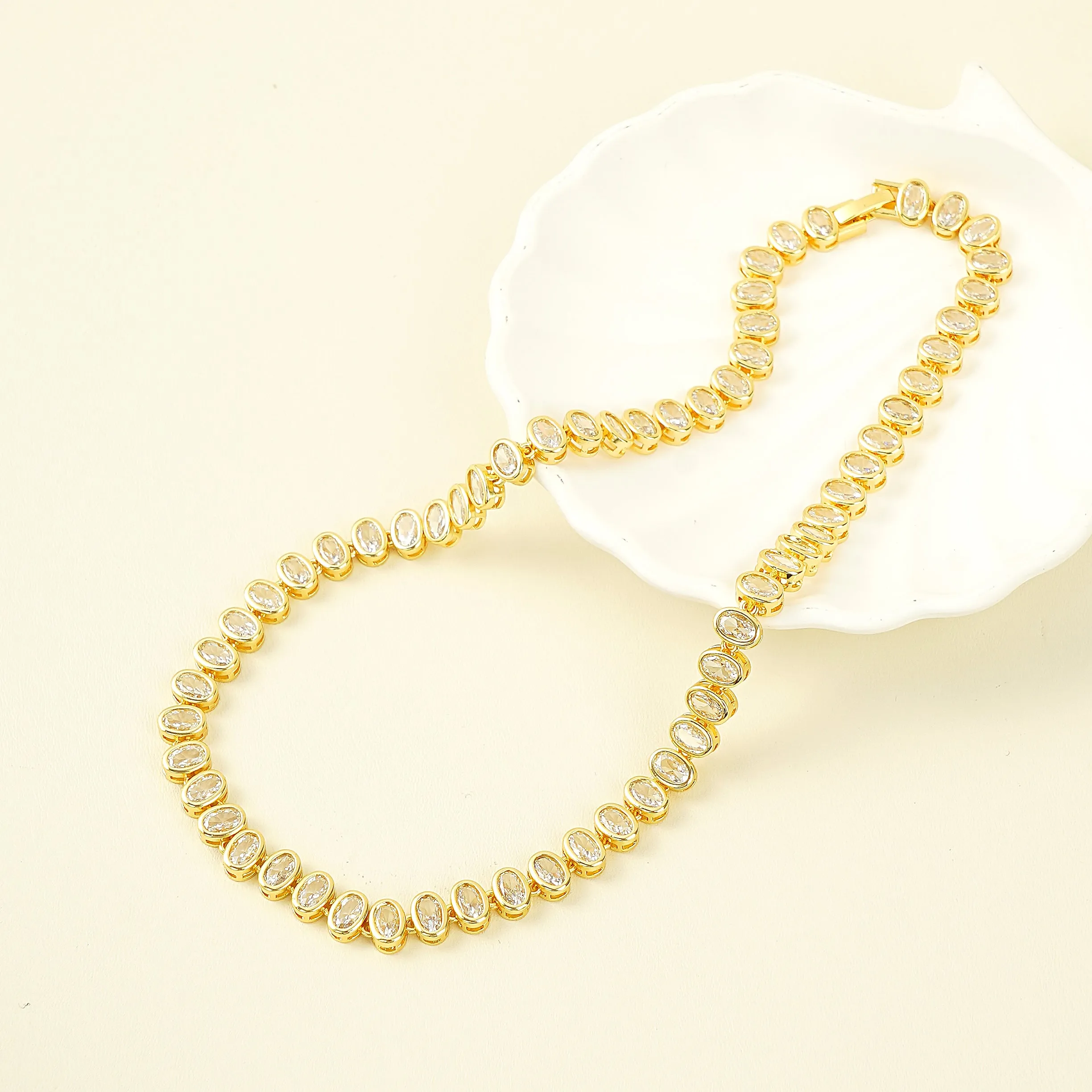 Oval Cut Tennis Necklace- Gold plated