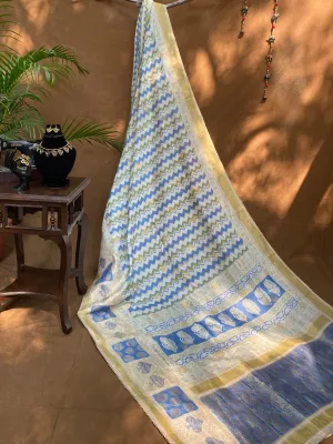Peacock Indigo Bagh Print Banarasi Saree