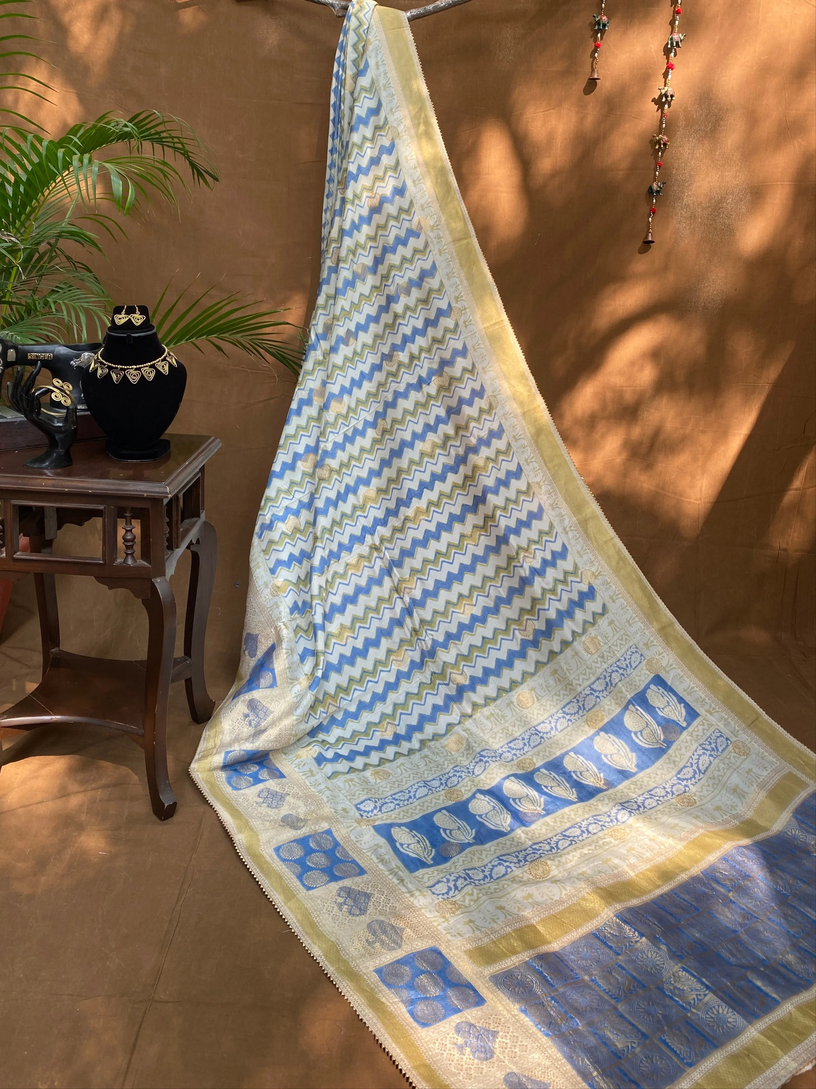 Peacock Indigo Bagh Print Banarasi Saree