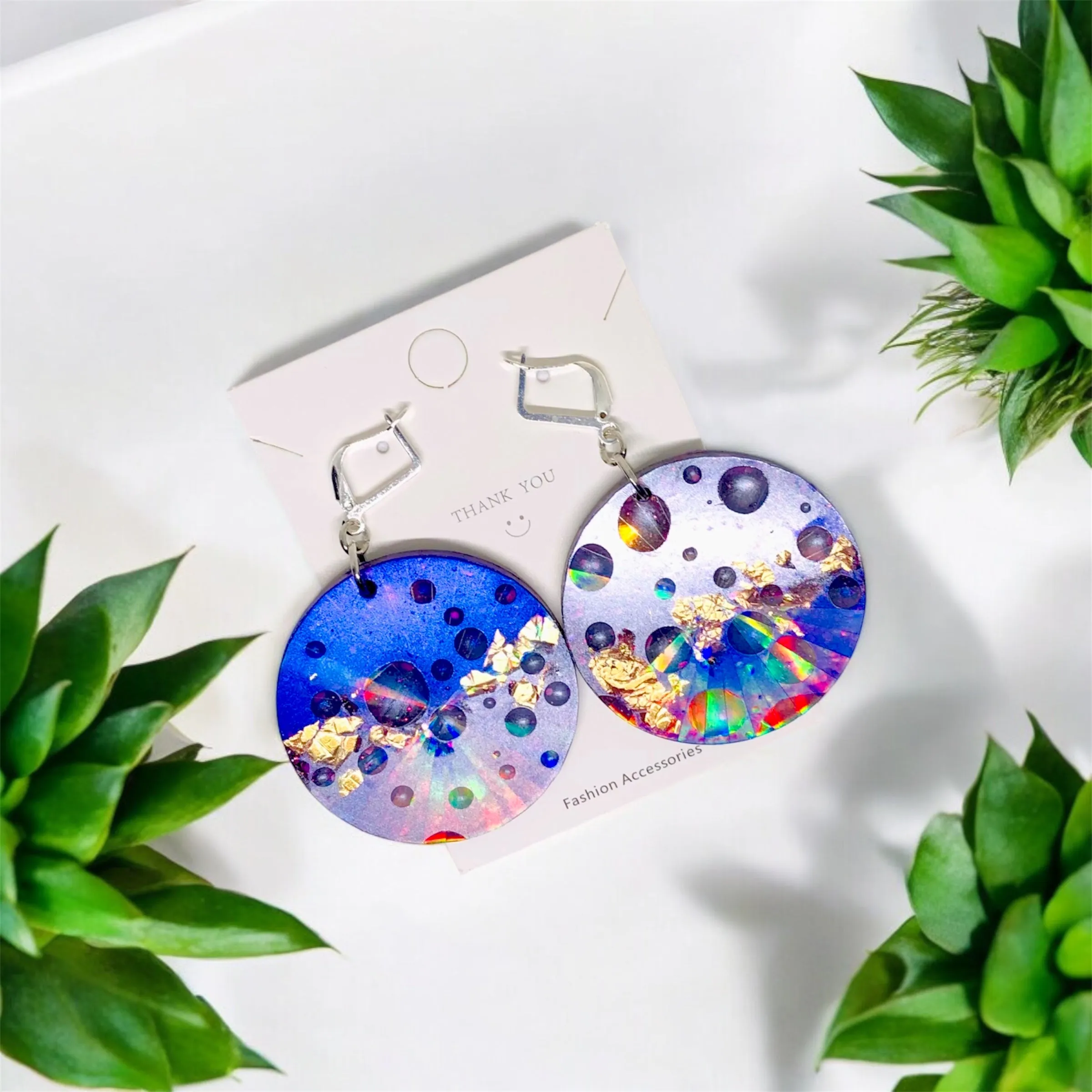 Purple Raindrop Holographic Circle Resin Huggie Earrings