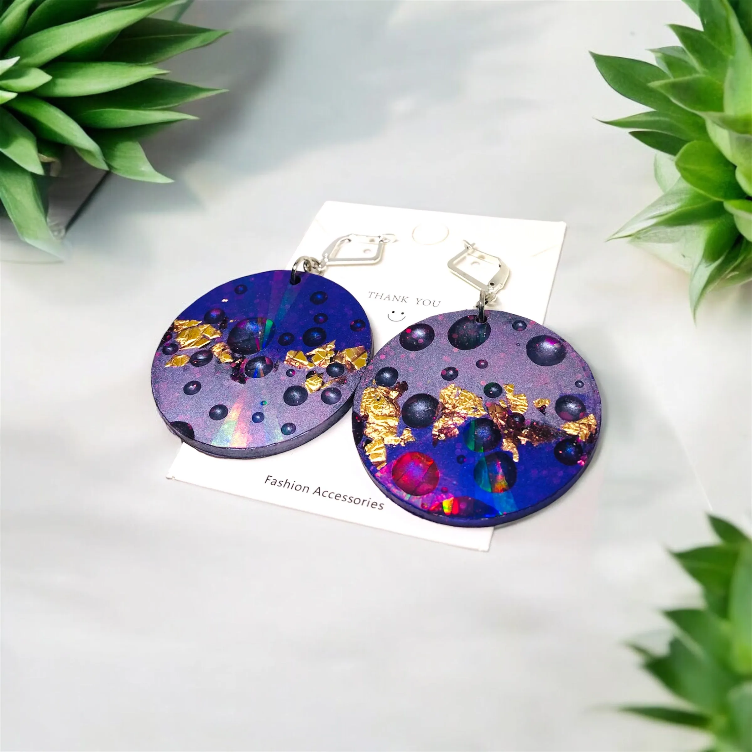Purple Raindrop Holographic Circle Resin Huggie Earrings