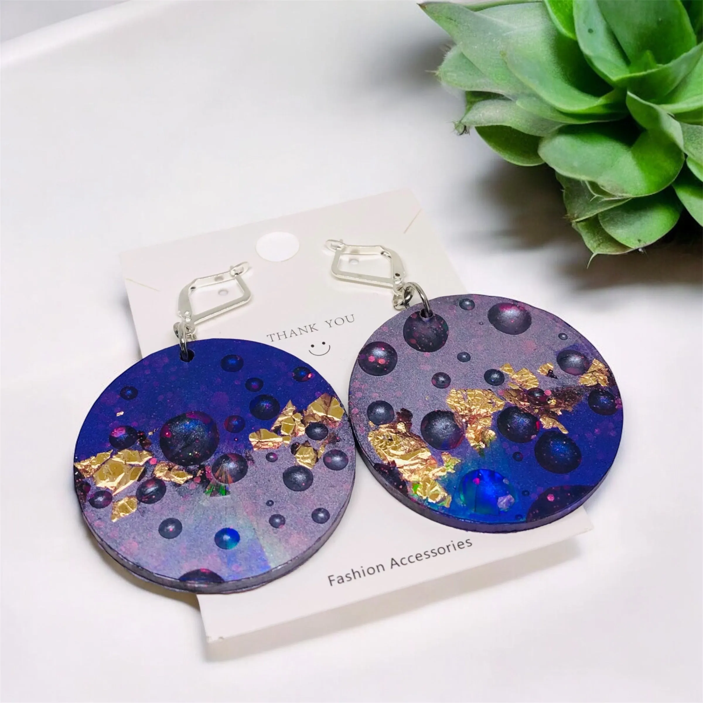Purple Raindrop Holographic Circle Resin Huggie Earrings