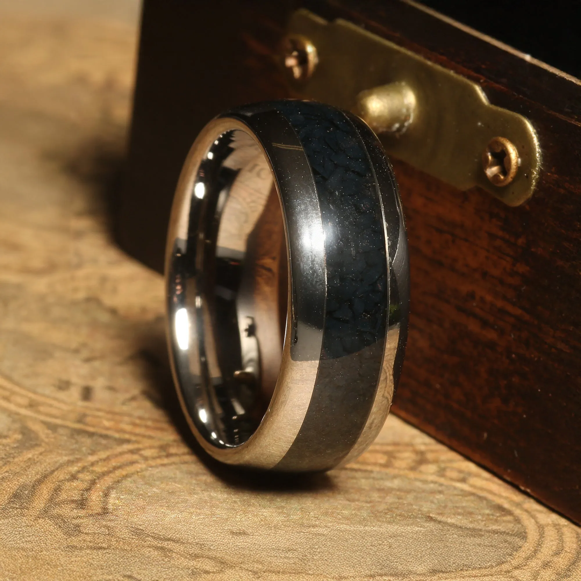 "Obsidian Crest" Black Onyx Wedding Band in Silver Tungsten with Polished Dome Finish for Him