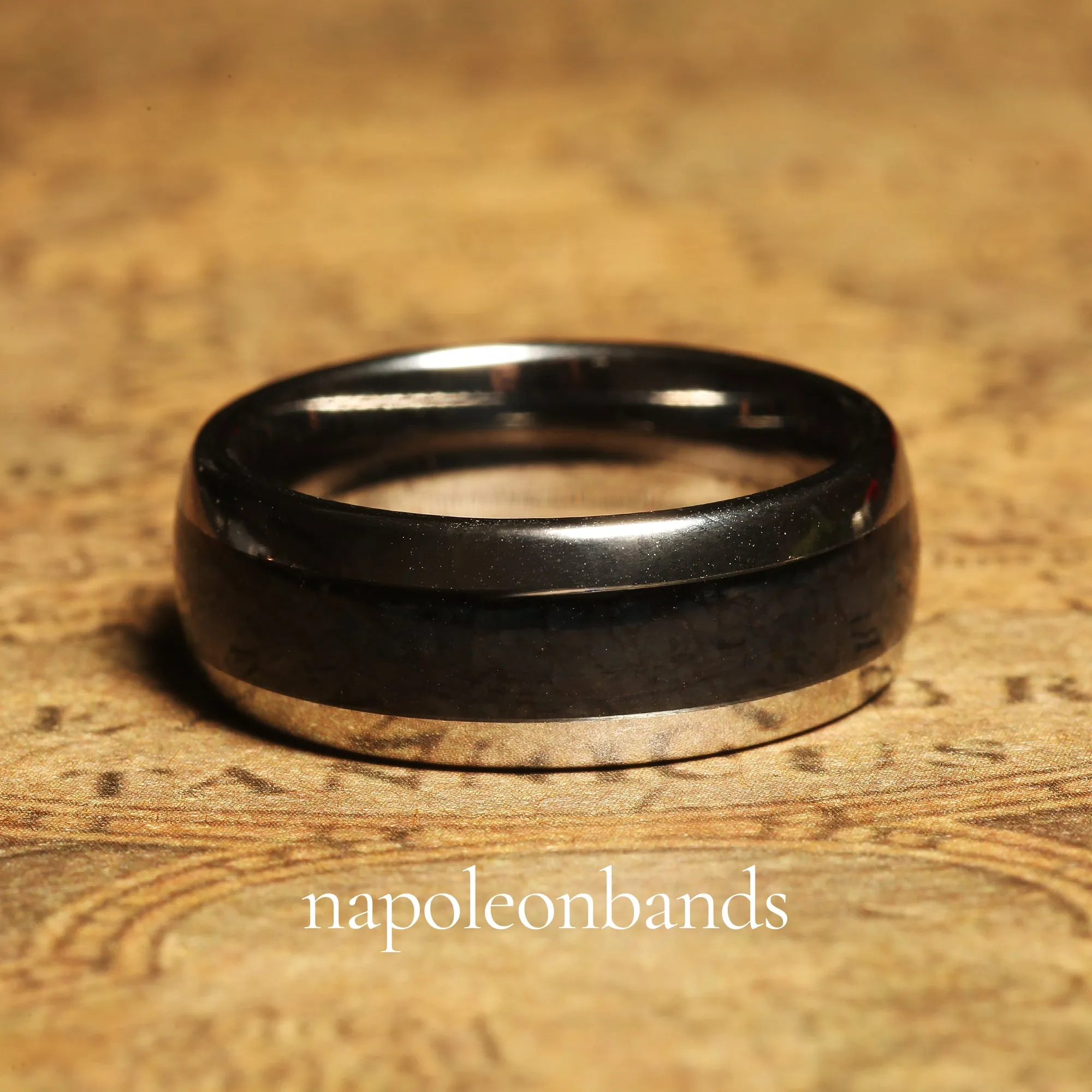"Obsidian Crest" Black Onyx Wedding Band in Silver Tungsten with Polished Dome Finish for Him
