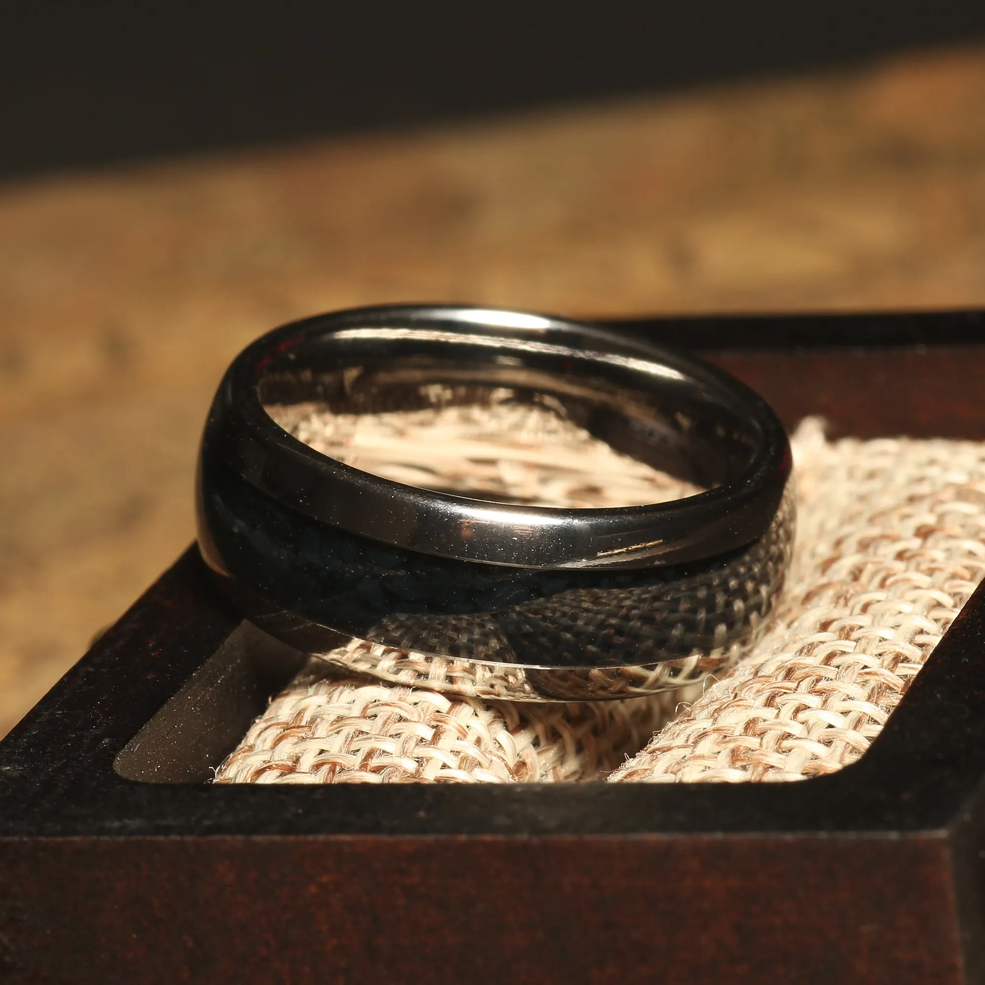 "Obsidian Crest" Black Onyx Wedding Band in Silver Tungsten with Polished Dome Finish for Him
