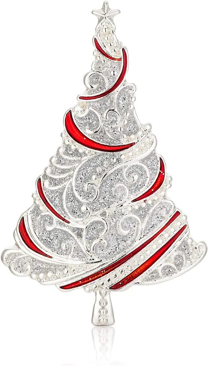 RareLove Vintage Red with Silver Christmas Tree Xmas Pins and Brooches Silver Plated Alloy Holiday Jewelry For Women