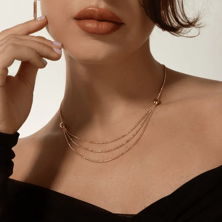Real Gold Exquisite Three Layers Ball String Beads Luxury Necklace 4358 N1413