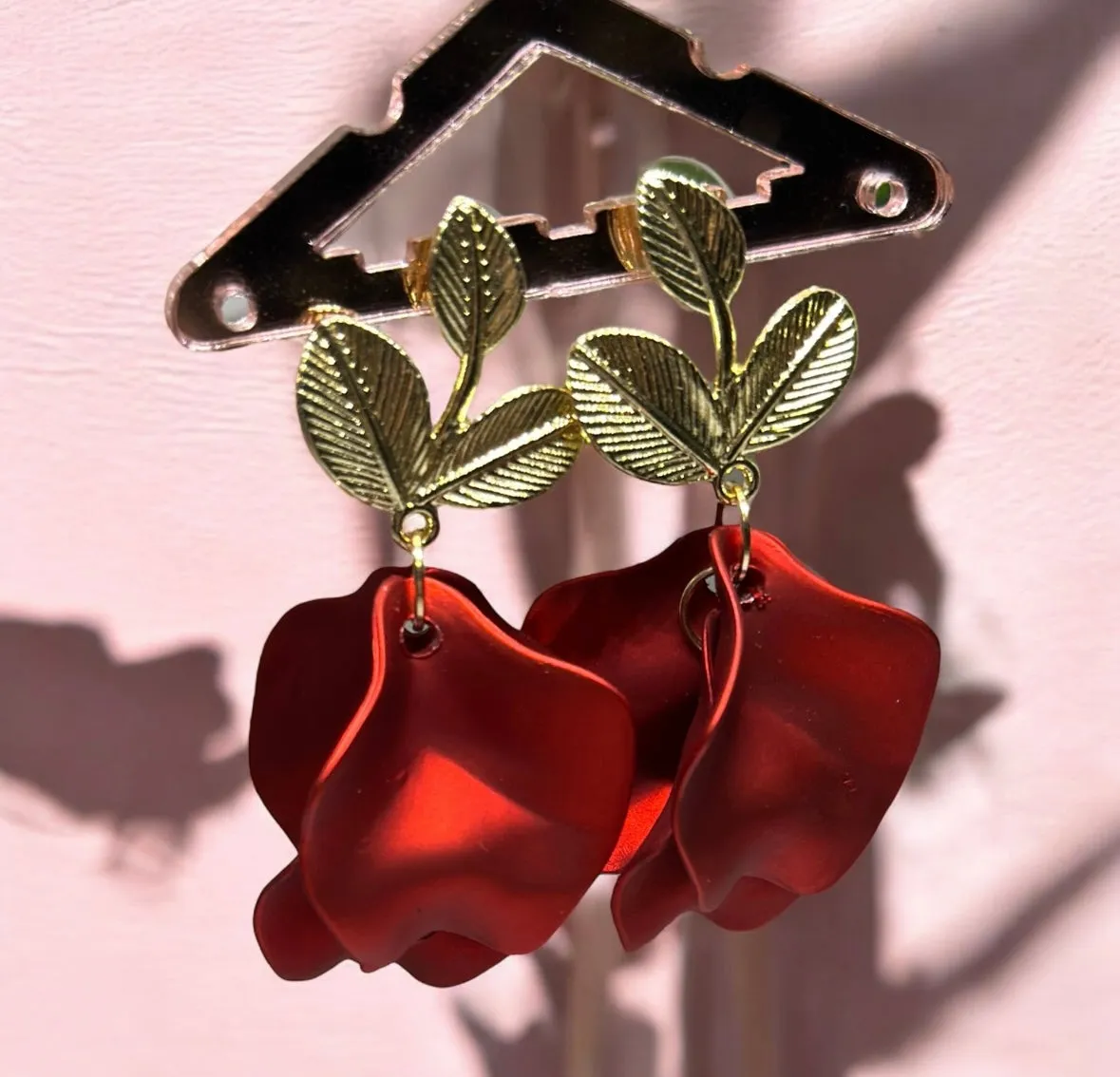 Red - iridescent flower earrings | golden leaf style