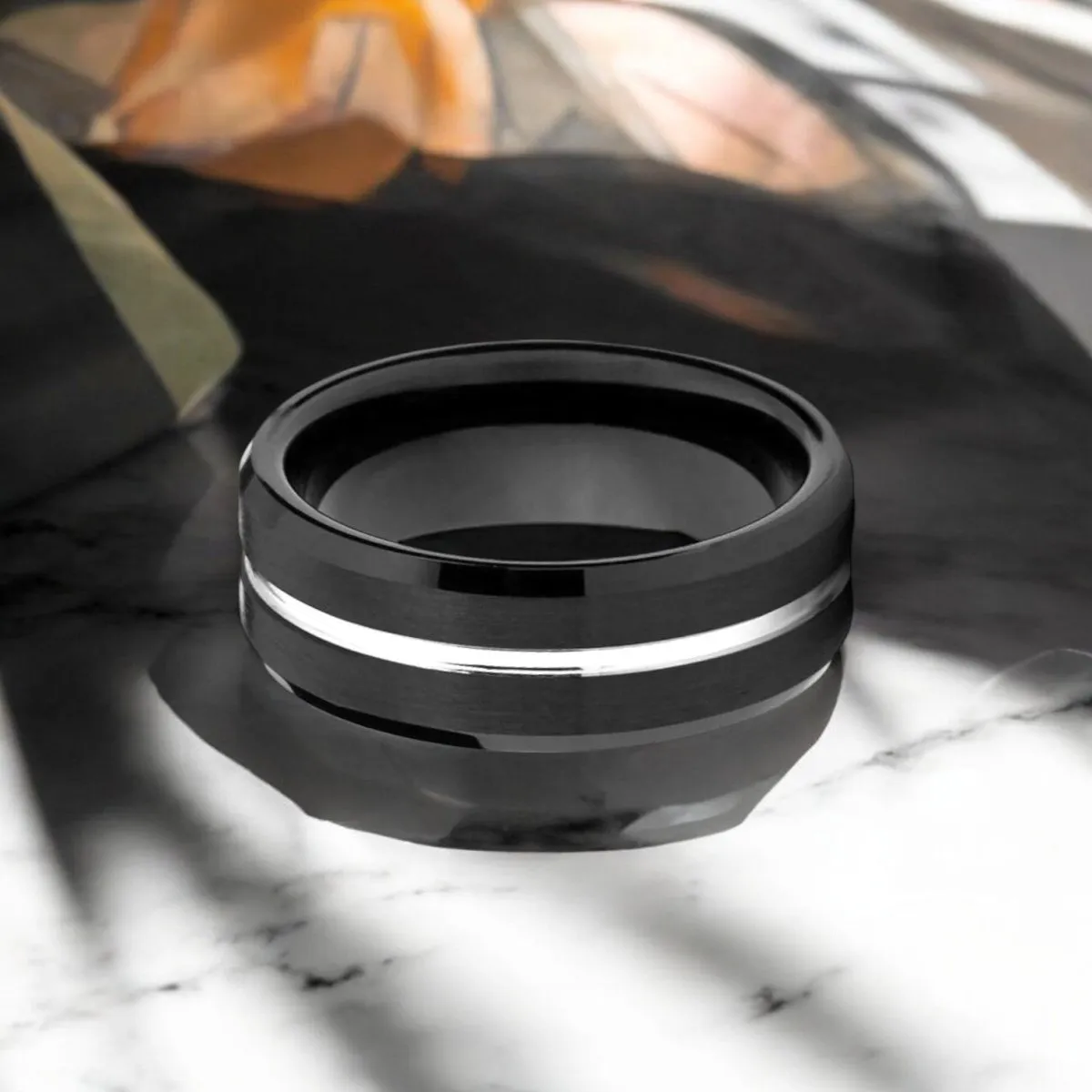 SAGAN | Black Tungsten Ring, Silver Shiny Groove, Beveled