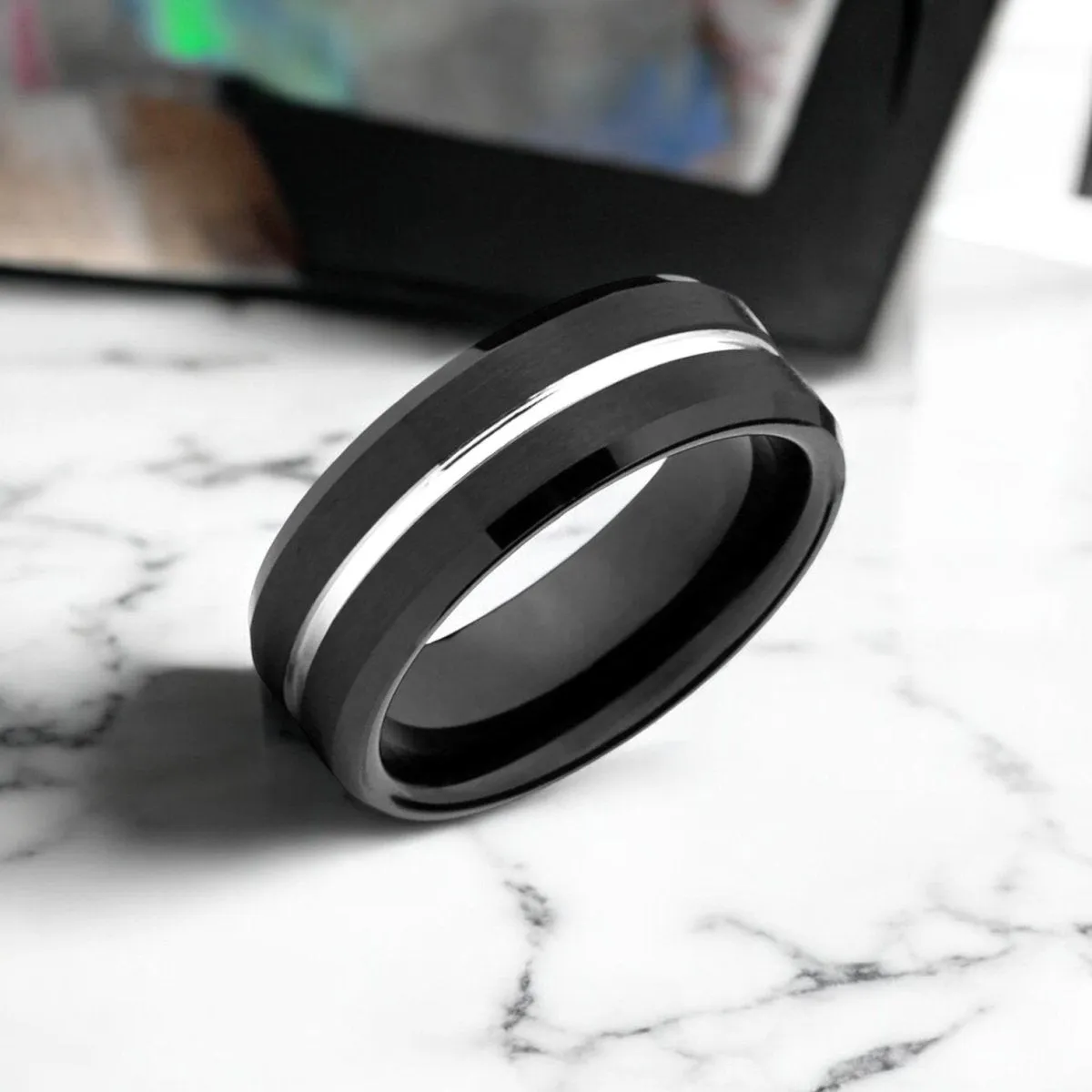 SAGAN | Black Tungsten Ring, Silver Shiny Groove, Beveled