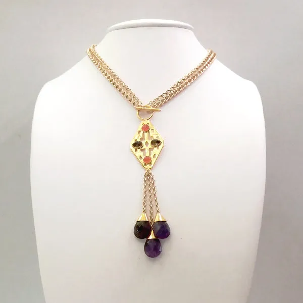 Sawa Necklace with Carnelian, Smokey Quartz and Amethyst Necklace