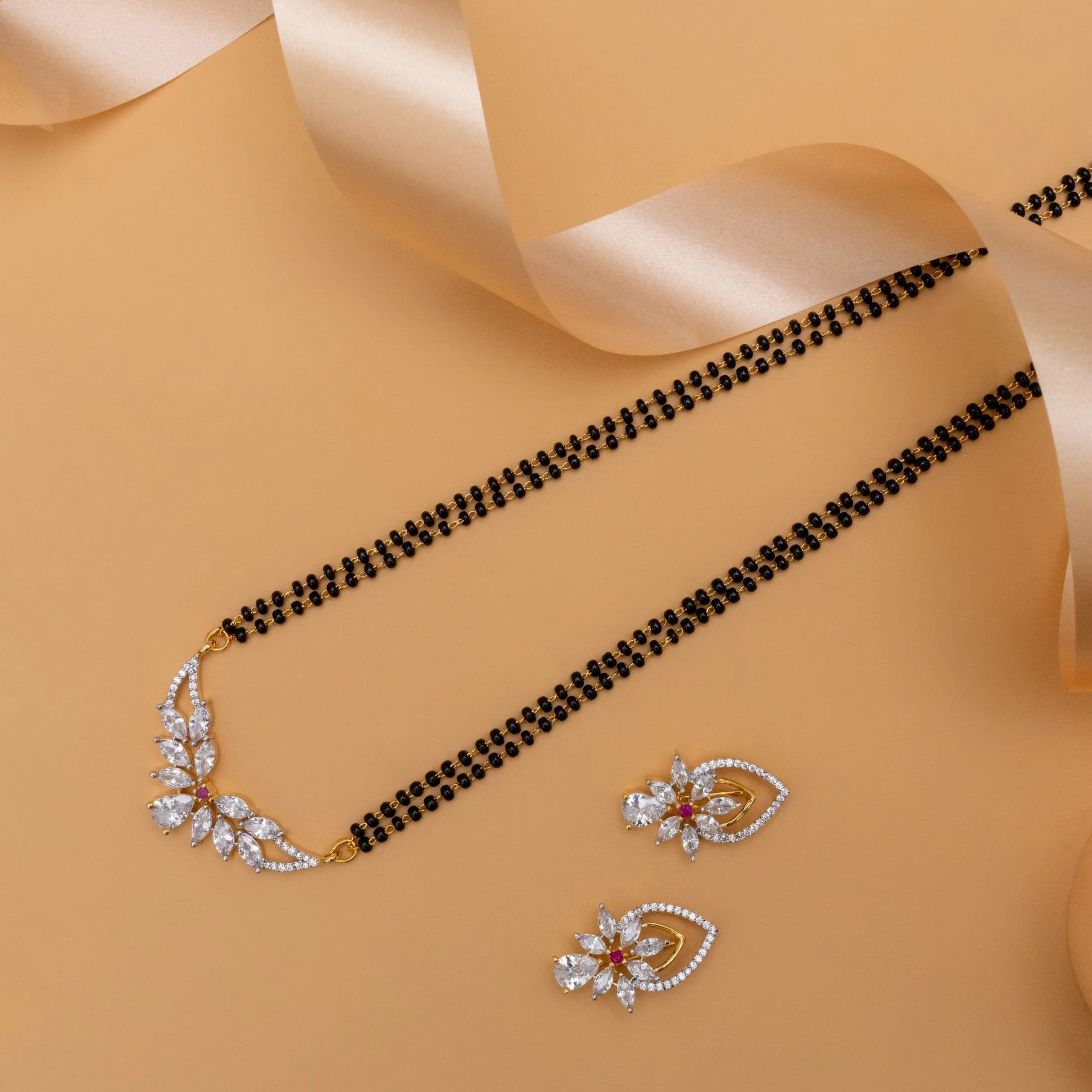 Shreeya CZ White Red Black Beads Necklace Set