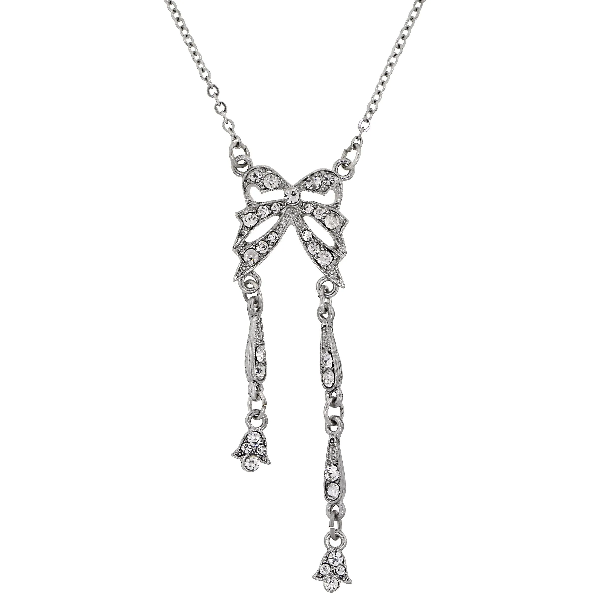 SILVER-TONE CRYSTAL EDWARDIAN STATEMENT BOW NECKLACE 16 ADJ.-17531