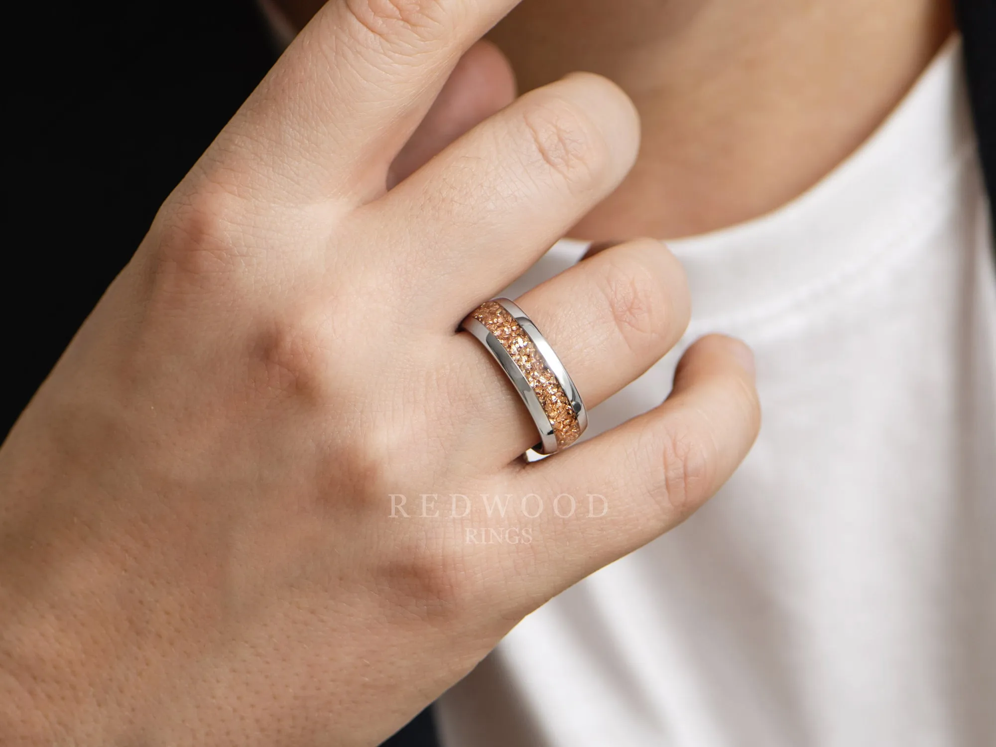 Silver Tungsten Ring with Peach Lab-Created Morganite Inlay - 8MM
