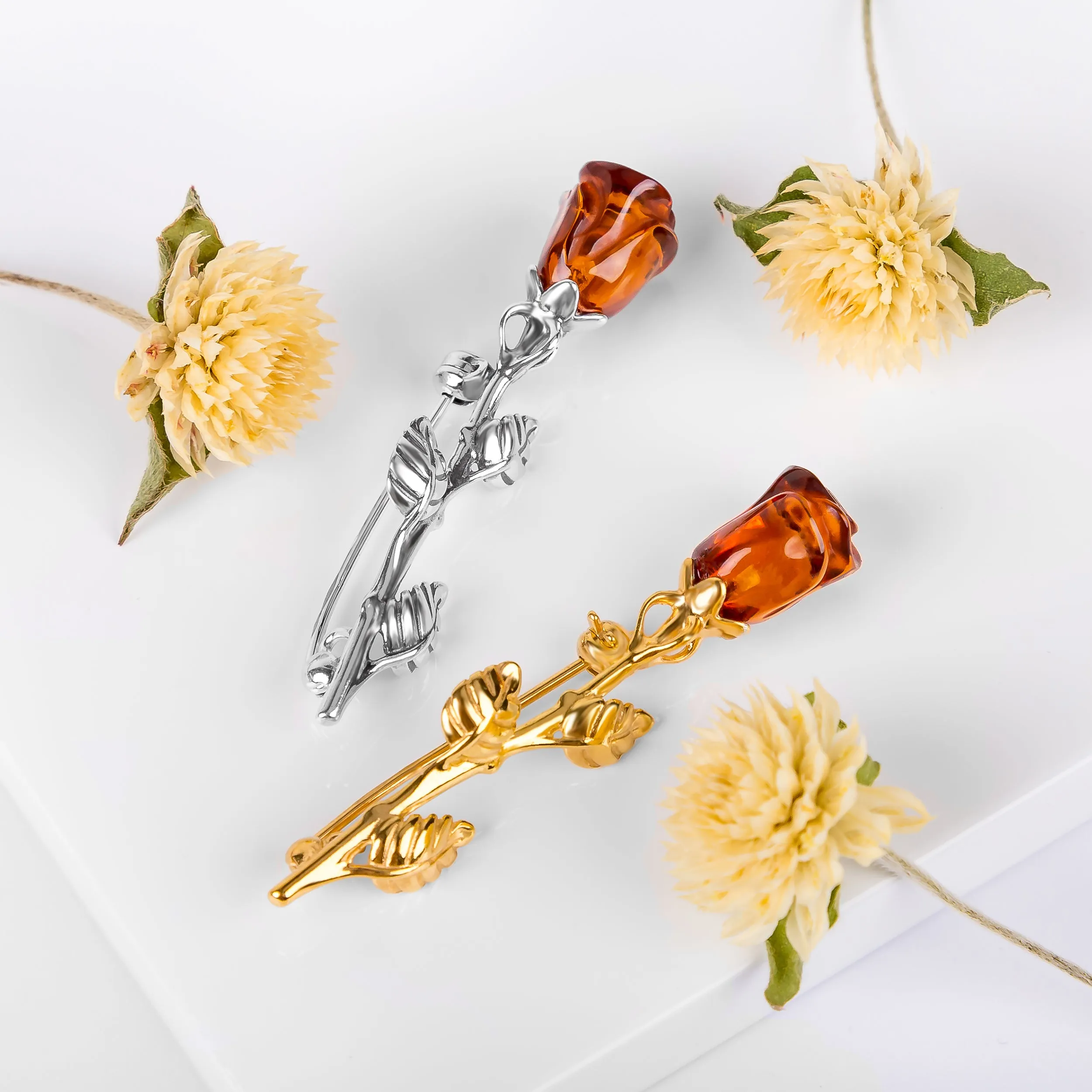 Single Stem Rose Brooch in Silver with 24ct Gold & Cognac Amber