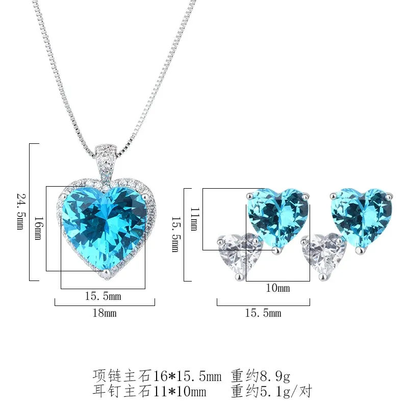 Sky Blue Zircon Double Heart Stud Earrings