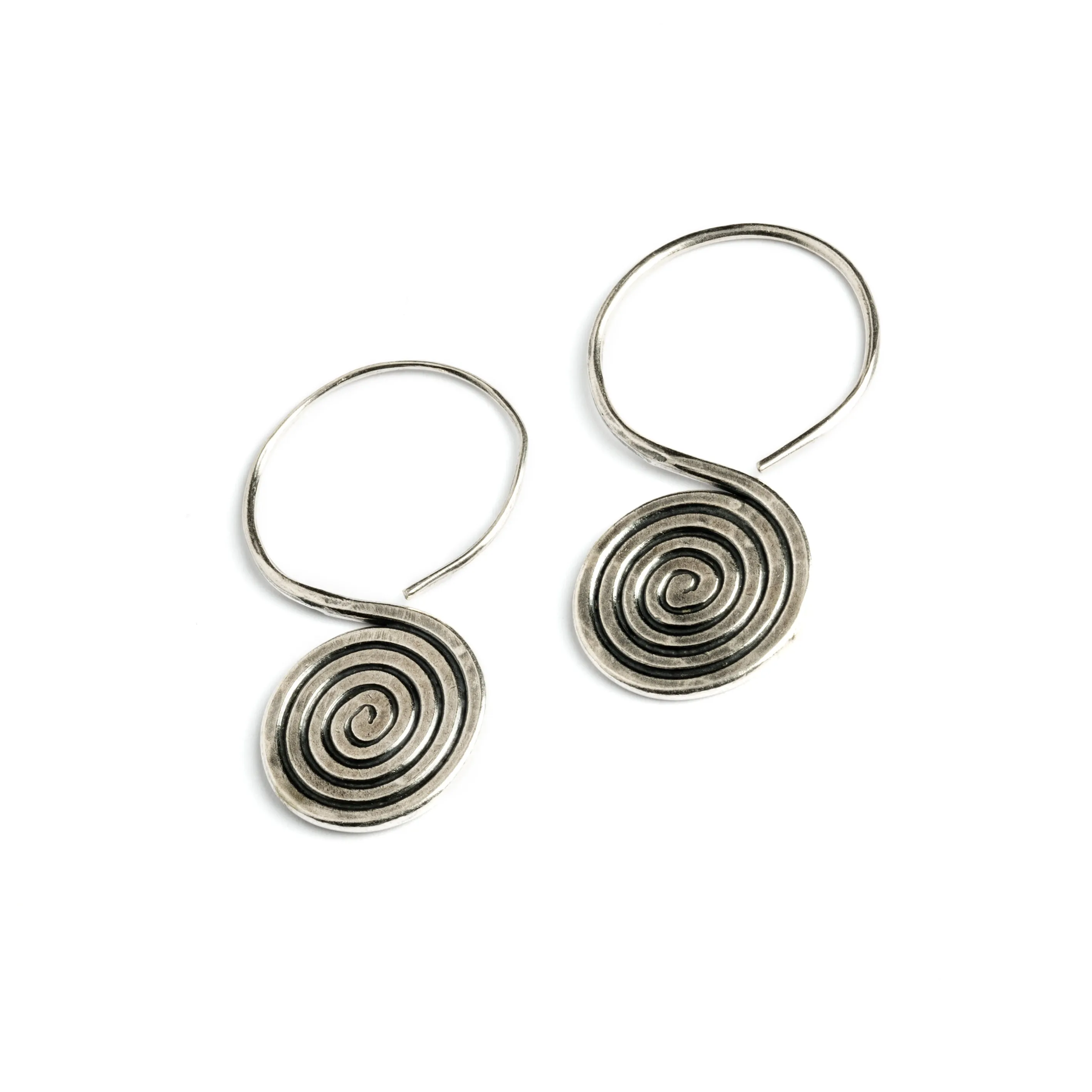 Spiral Engraved Tribal Silver Earrings