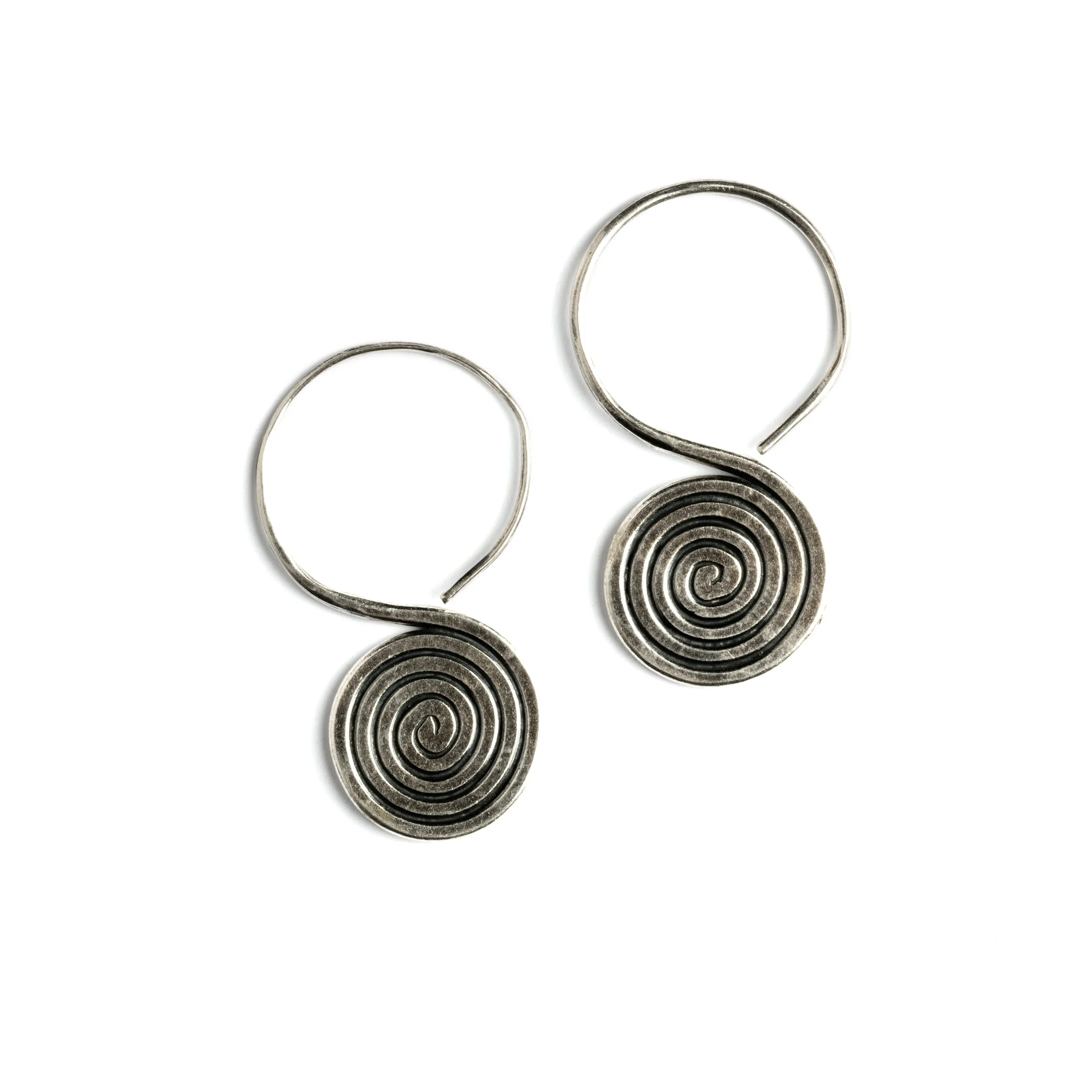 Spiral Engraved Tribal Silver Earrings