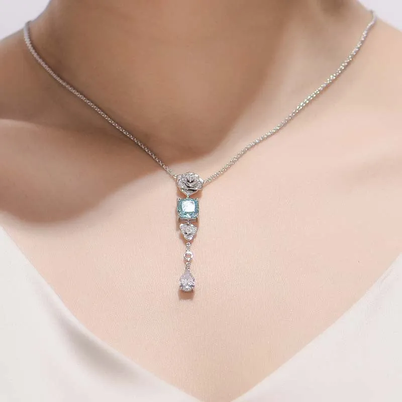 Square Blue Zircon Camellia Tassel Necklace