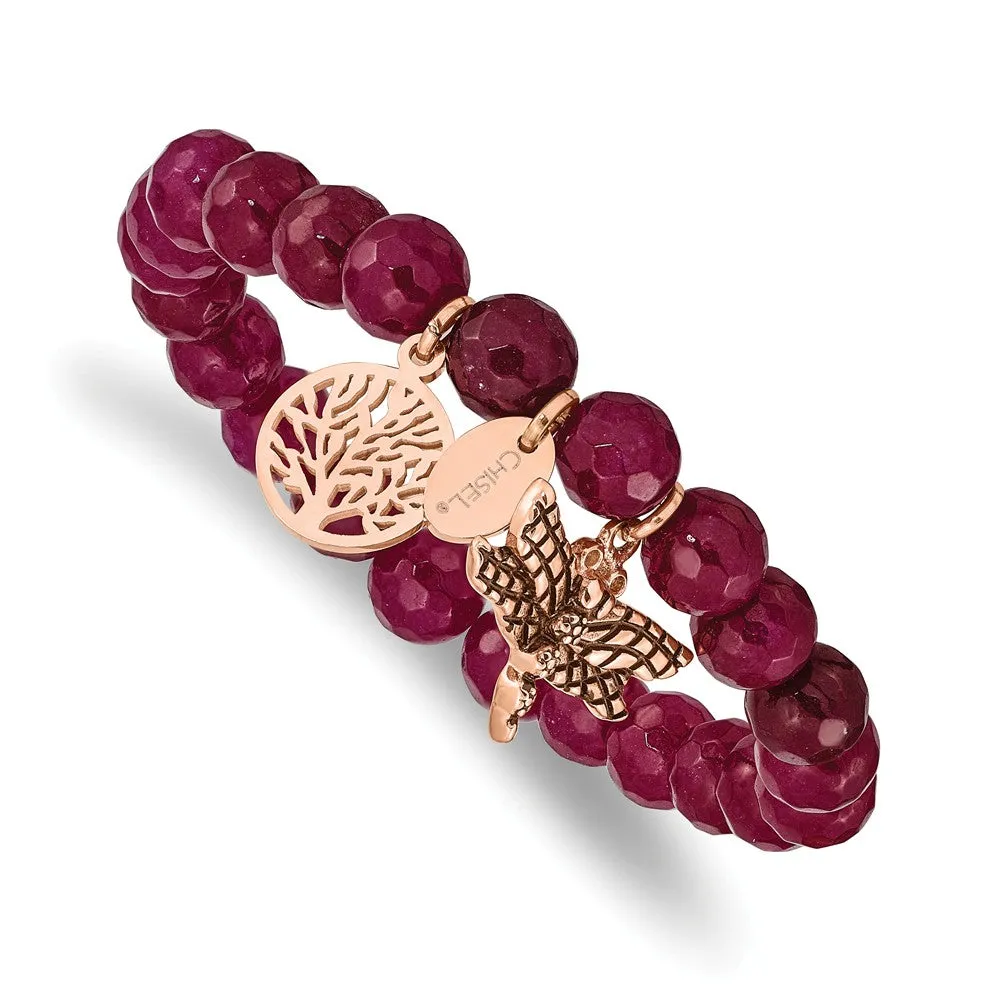 Stainless Steel Antiqued & Polished Rose IP Dragonfly Pink Dyed Jade Bracel